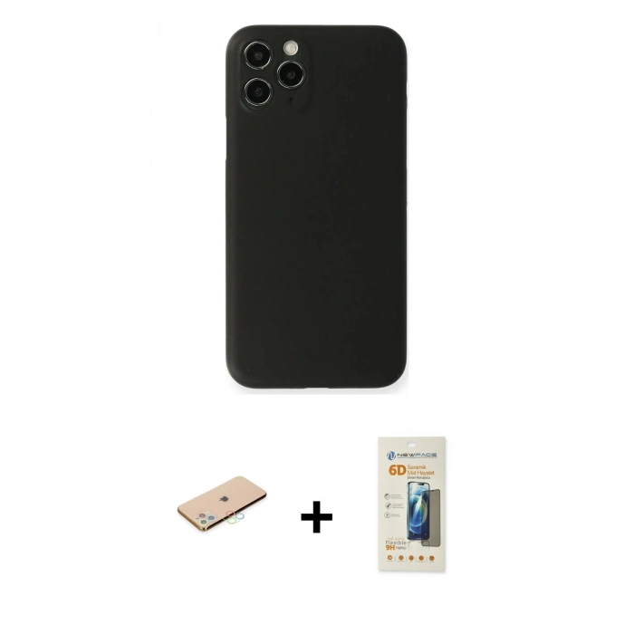 MARSİLYAN™- iPhone 11 Pro Max Kılıf Yadigar Yansıma Serisi - Siyah 6D Mat Seramik Hayalet Nano Ekran Koruyucu + Renkli Kamera Lens Koruma Cam - MI
