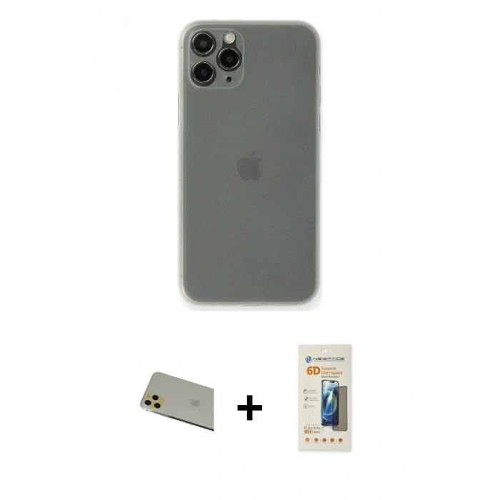 MARSİLYAN™- iPhone 11 Pro Max Kılıf Yadigar Yansıma Serisi - Siyah 6D Mat Seramik Hayalet Nano Ekran Koruyucu + Gold Rainbow Kamera Lens Koruma Cam