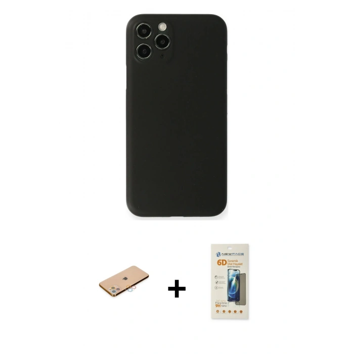 MARSİLYAN™- iPhone 11 Pro Max Kılıf Yadigar Yansıma Serisi - Siyah 6D Mat Seramik Hayalet Nano Ekran Koruyucu + Pembe Renkli Kamera Lens Koruma Cam