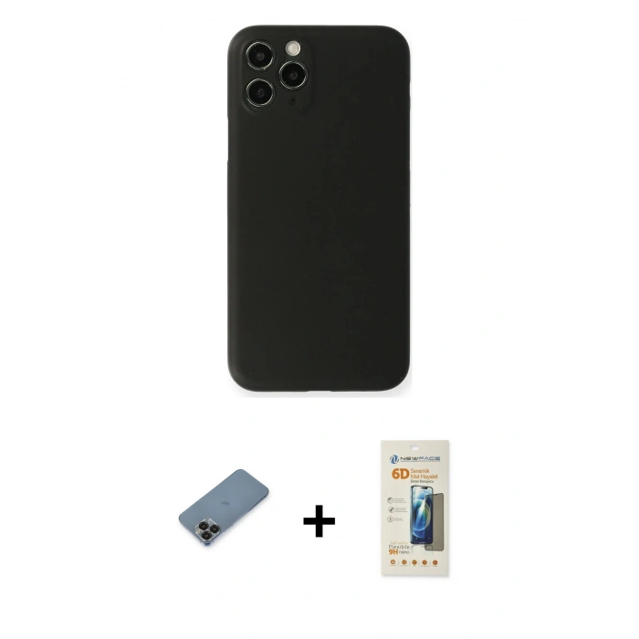 MARSİLYAN™- iPhone 11 Pro Max Kılıf Yadigar Yansıma Serisi - Siyah 6D Mat Seramik Hayalet Nano Ekran Koruyucu + Siyah Metal Kamera Lens Koruma Cam