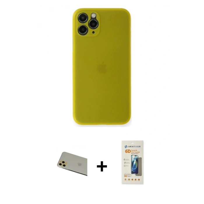 MARSİLYAN™- iPhone 11 Pro Max Kılıf Yadigar Yansıma Serisi - Siyah 6D Mat Seramik Hayalet Nano Ekran Koruyucu + Gold Rainbow Kamera Lens Koruma Cam