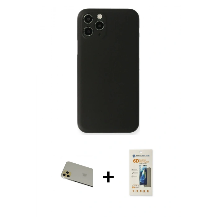MARSİLYAN™- iPhone 11 Pro Max Kılıf Yadigar Yansıma Serisi - Siyah 6D Mat Seramik Hayalet Nano Ekran Koruyucu + Gold Rainbow Kamera Lens Koruma Cam