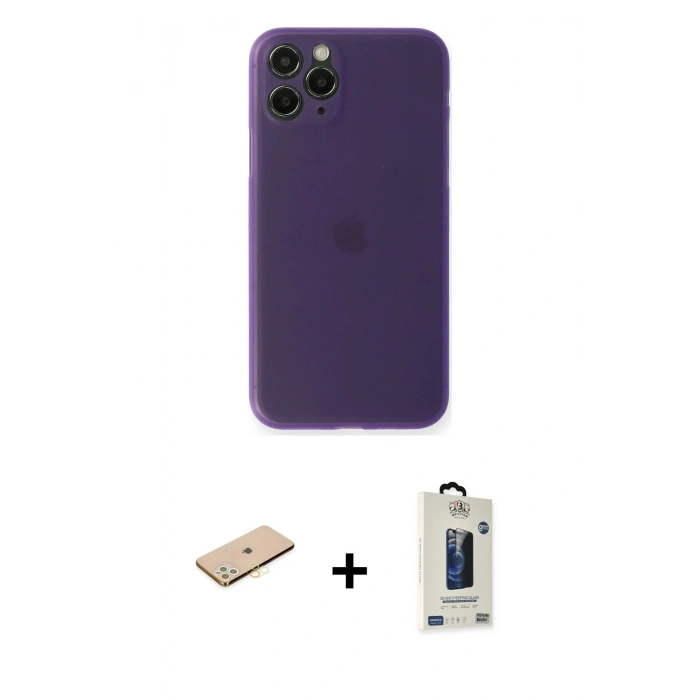 MARSİLYAN™- iPhone 11 Pro Max Kılıf Yadigar Yansıma Serisi - Siyah Bilvis Hayalet Cam Ekran Koruyucu + Sarı Renkli Kamera Lens Koruma Cam