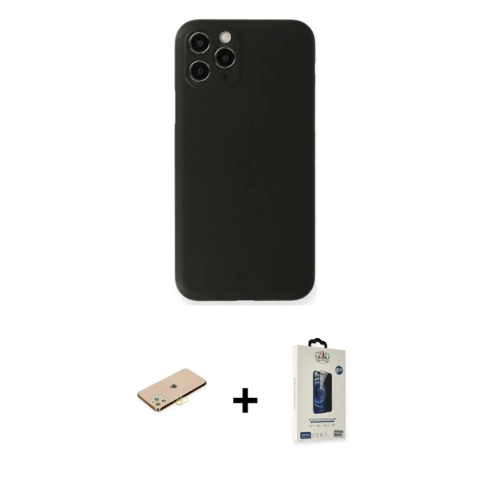 MARSİLYAN™- iPhone 11 Pro Max Kılıf Yadigar Yansıma Serisi - Siyah Bilvis Hayalet Cam Ekran Koruyucu + Sarı Renkli Kamera Lens Koruma Cam