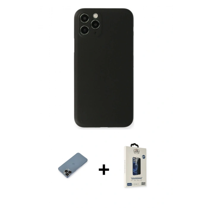 MARSİLYAN™- iPhone 11 Pro Max Kılıf Yadigar Yansıma Serisi - Siyah Bilvis Hayalet Cam Ekran Koruyucu + Metal Kamera Lens Koruma Cam - SH