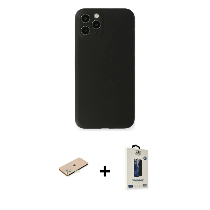 MARSİLYAN™- iPhone 11 Pro Max Kılıf Yadigar Yansıma Serisi - Siyah Bilvis Hayalet Cam Ekran Koruyucu + Renkli Kamera Lens Koruma Cam - YL