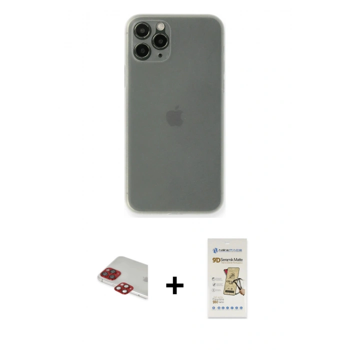 MARSİLYAN™- iPhone 11 Pro Max Kılıf Yadigar Yansıma Serisi - Siyah Mat Seramik Nano Ekran Koruyucu + Kırmızı Pers Alüminyum Kamera Lens