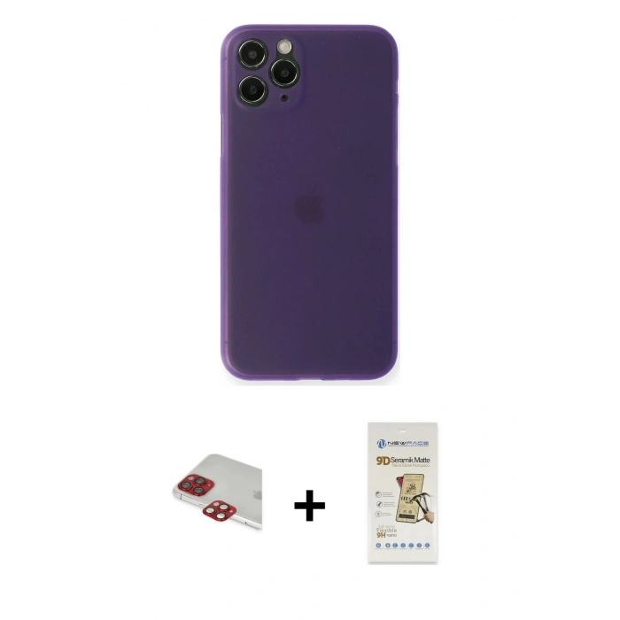 MARSİLYAN™- iPhone 11 Pro Max Kılıf Yadigar Yansıma Serisi - Siyah Mat Seramik Nano Ekran Koruyucu + Kırmızı Pers Alüminyum Kamera Lens