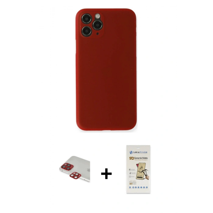 MARSİLYAN™- iPhone 11 Pro Max Kılıf Yadigar Yansıma Serisi - Siyah Mat Seramik Nano Ekran Koruyucu + Kırmızı Pers Alüminyum Kamera Lens
