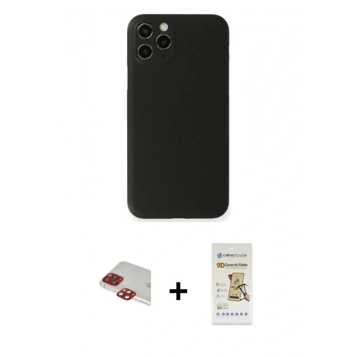 MARSİLYAN™- iPhone 11 Pro Max Kılıf Yadigar Yansıma Serisi - Siyah Mat Seramik Nano Ekran Koruyucu + Kırmızı Pers Alüminyum Kamera Lens