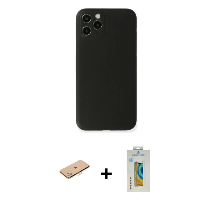 MARSİLYAN™- iPhone 11 Pro Max Kılıf Yadigar Yansıma Serisi - Siyah Polymer Nano Ekran Koruyucu + Renkli Kamera Lens Koruma Cam - PE