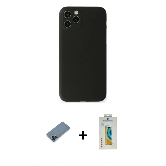 MARSİLYAN™- iPhone 11 Pro Max Kılıf Yadigar Yansıma Serisi - Siyah Polymer Nano Ekran Koruyucu + Metal Kamera Lens Koruma Cam - SH