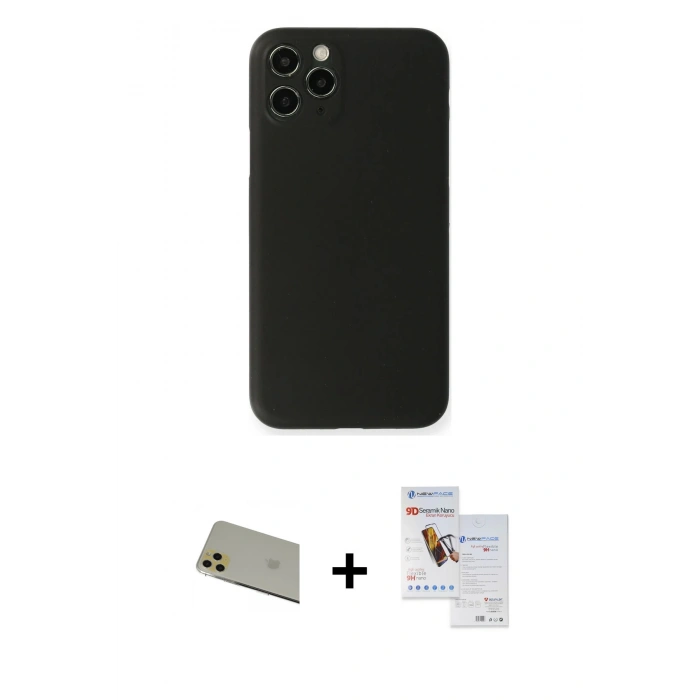 MARSİLYAN™- iPhone 11 Pro Max Kılıf Yadigar Yansıma Serisi - Siyah Seramik Nano Ekran Koruyucu + Rainbow Kamera Lens Koruma Cam - GD