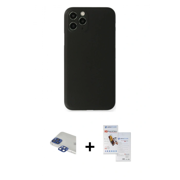 MARSİLYAN™- iPhone 11 Pro Max Kılıf Yadigar Yansıma Serisi - Siyah Seramik Nano Ekran Koruyucu + Pers Alüminyum Kamera Lens - LT