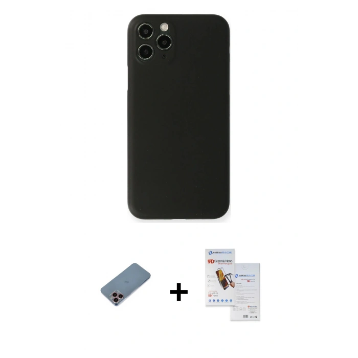 MARSİLYAN™- iPhone 11 Pro Max Kılıf Yadigar Yansıma Serisi - Siyah Seramik Nano Ekran Koruyucu + Pembe Shine Kamera Lens Koruma Cam