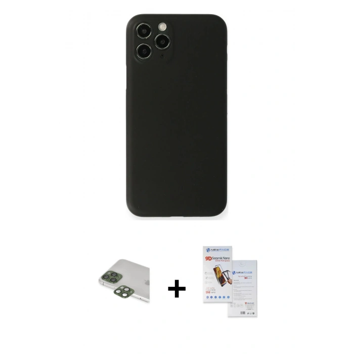 MARSİLYAN™- iPhone 11 Pro Max Kılıf Yadigar Yansıma Serisi - Siyah Seramik Nano Ekran Koruyucu + Pers Alüminyum Kamera Lens - YL