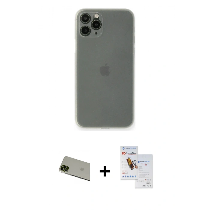 MARSİLYAN™- iPhone 11 Pro Max Kılıf Yadigar Yansıma Serisi - Siyah Seramik Nano Ekran Koruyucu + Rainbow Kamera Lens Koruma Cam - YL