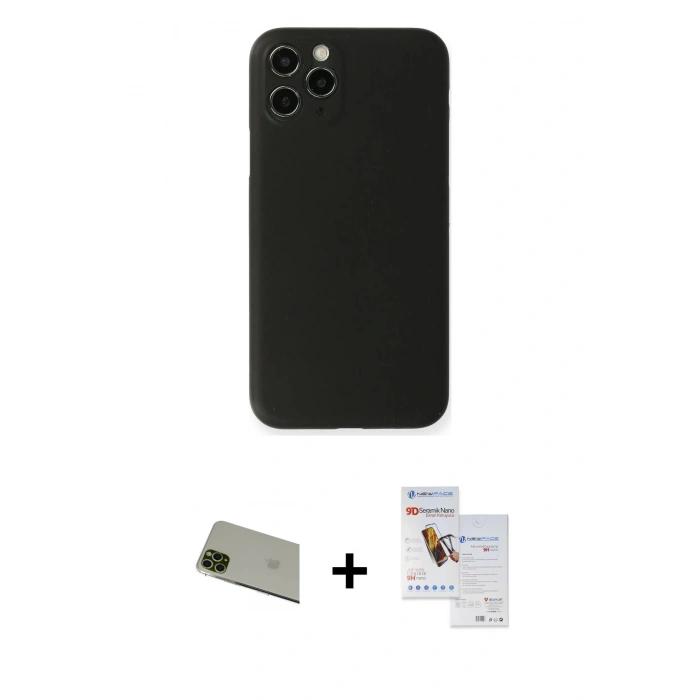 MARSİLYAN™- iPhone 11 Pro Max Kılıf Yadigar Yansıma Serisi - Siyah Seramik Nano Ekran Koruyucu + Rainbow Kamera Lens Koruma Cam - YL