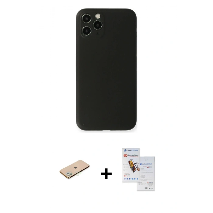 MARSİLYAN™- iPhone 11 Pro Max Kılıf Yadigar Yansıma Serisi - Siyah Seramik Nano Ekran Koruyucu + Renkli Kamera Lens Koruma Cam - YL