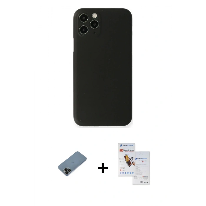 MARSİLYAN™- iPhone 11 Pro Max Kılıf Yadigar Yansıma Serisi - Siyah Seramik Nano Ekran Koruyucu + Shine Kamera Lens Koruma Cam - SH