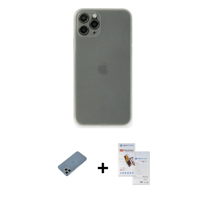 MARSİLYAN™- iPhone 11 Pro Max Kılıf Yadigar Yansıma Serisi - Siyah Seramik Nano Ekran Koruyucu + Sierra Blue Shine Kamera Lens Koruma Cam