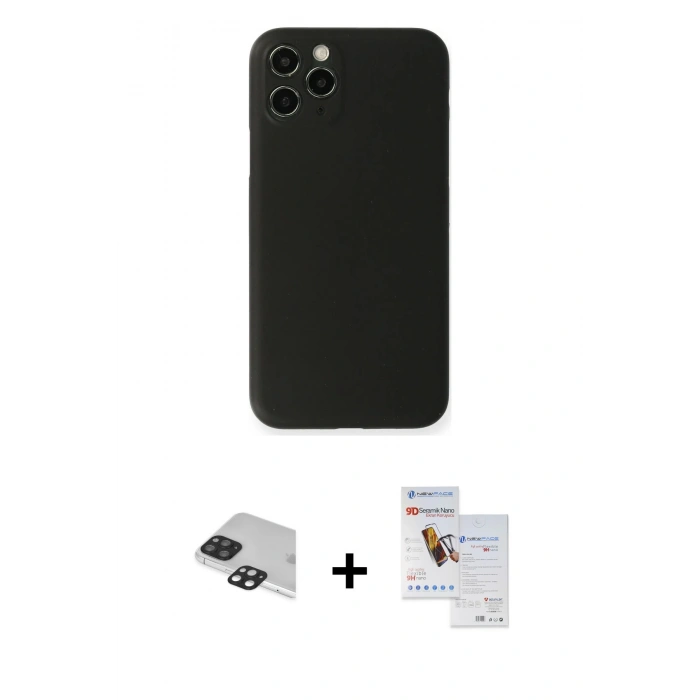 MARSİLYAN™- iPhone 11 Pro Max Kılıf Yadigar Yansıma Serisi - Siyah Seramik Nano Ekran Koruyucu + Pers Alüminyum Kamera Lens - SH