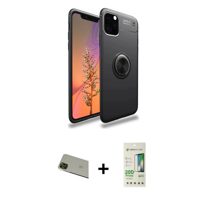 MARSİLYAN™- iPhone 11 Pro Max Kılıf Yankı Form Prime - Siyah 20D Premium Cam Ekran Koruyucu + Rainbow Kamera Lens Koruma Cam - YL