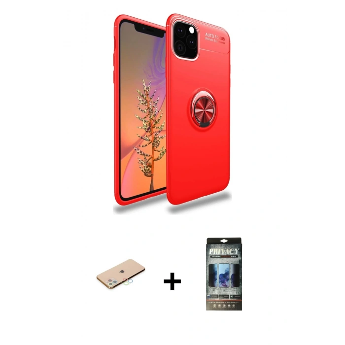 MARSİLYAN™- iPhone 11 Pro Max Kılıf Yankı Form Prime - Siyah 34D Hayalet Izgaralı Cam + Mavi Renkli Kamera Lens Koruma Cam