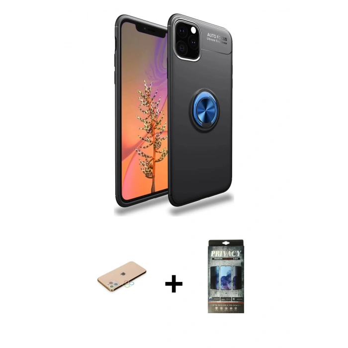 MARSİLYAN™- iPhone 11 Pro Max Kılıf Yankı Form Prime - Siyah 34D Hayalet Izgaralı Cam + Mavi Renkli Kamera Lens Koruma Cam