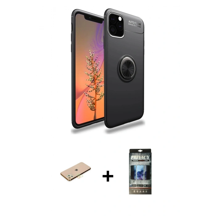 MARSİLYAN™- iPhone 11 Pro Max Kılıf Yankı Form Prime - Siyah 34D Hayalet Izgaralı Cam + Renkli Kamera Lens Koruma Cam - SI