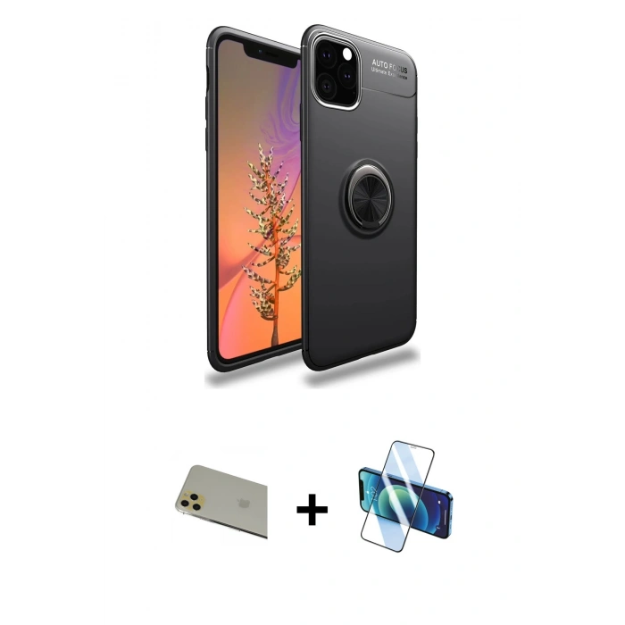 MARSİLYAN™- iPhone 11 Pro Max Kılıf Yankı Form Prime - Siyah 3D Antistatik Cam Ekran Koruyucu + Gold Rainbow Kamera Lens Koruma Cam
