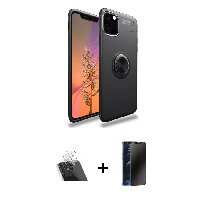 MARSİLYAN™- iPhone 11 Pro Max Kılıf Yankı Form Prime - Siyah 3D Antistatik Hayalet Cam Ekran Koruyucu + Kamera Lens Koruma Cam - SF