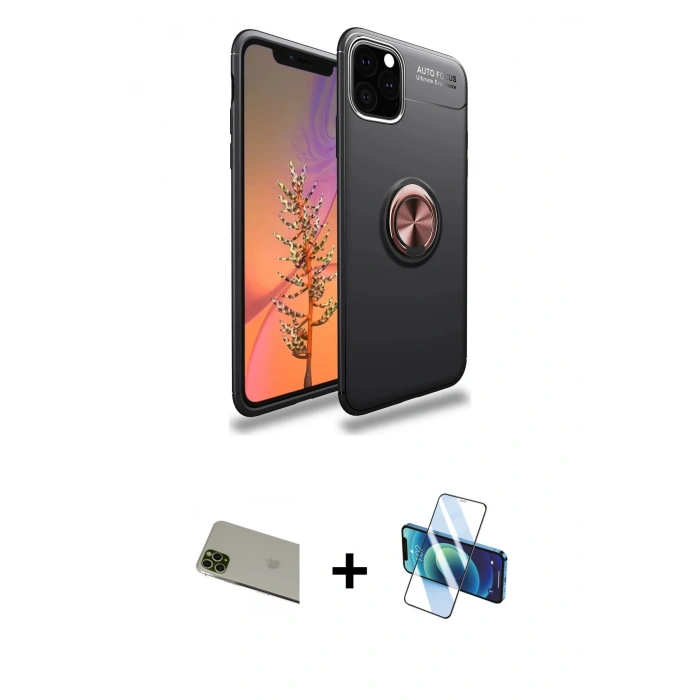 MARSİLYAN™- iPhone 11 Pro Max Kılıf Yankı Form Prime - Siyah 3D Antistatik Seramik Nano Ekran Koruyucu + Rainbow Kamera Lens Koruma Cam - YL