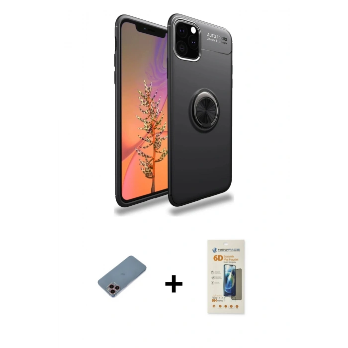 MARSİLYAN™- iPhone 11 Pro Max Kılıf Yankı Form Prime - Siyah 6D Mat Seramik Hayalet Nano Ekran Koruyucu + Shine Kamera Lens Koruma Cam - PE