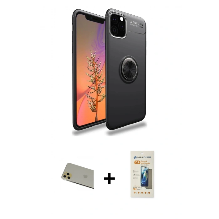 MARSİLYAN™- iPhone 11 Pro Max Kılıf Yankı Form Prime - Siyah 6D Mat Seramik Hayalet Nano Ekran Koruyucu + Rainbow Kamera Lens Koruma Cam - GD