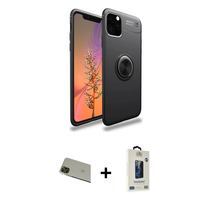 MARSİLYAN™- iPhone 11 Pro Max Kılıf Yankı Form Prime - Siyah Bilvis Hayalet Cam Ekran Koruyucu + Rainbow Kamera Lens Koruma Cam - YL
