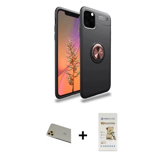 MARSİLYAN™- iPhone 11 Pro Max Kılıf Yankı Form Prime - Siyah Mat Seramik Nano Ekran Koruyucu + Rainbow Kamera Lens Koruma Cam - GD
