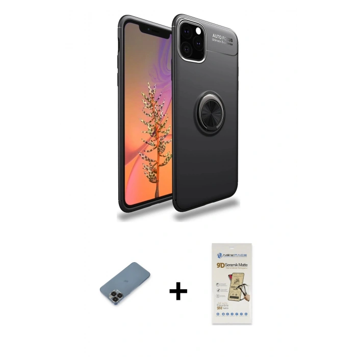 MARSİLYAN™- iPhone 11 Pro Max Kılıf Yankı Form Prime - Siyah Mat Seramik Nano Ekran Koruyucu + Metal Kamera Lens Koruma Cam - SH