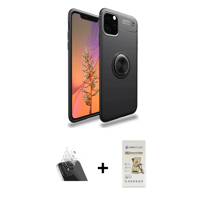 MARSİLYAN™- iPhone 11 Pro Max Kılıf Yankı Form Prime - Siyah Mat Seramik Nano Ekran Koruyucu + Şeffaf Kamera Lens Koruma Cam