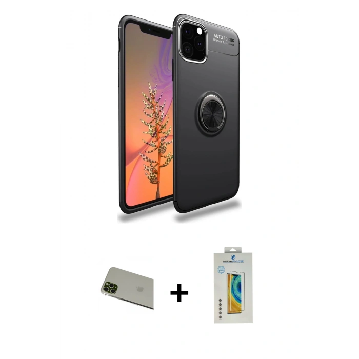 MARSİLYAN™- iPhone 11 Pro Max Kılıf Yankı Form Prime - Siyah Polymer Nano Ekran Koruyucu + Rainbow Kamera Lens Koruma Cam - YL