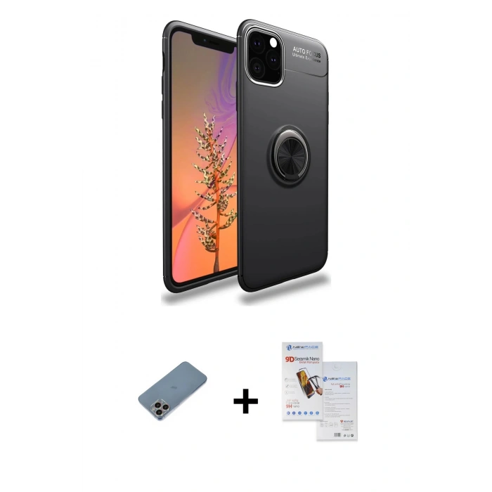 MARSİLYAN™- iPhone 11 Pro Max Kılıf Yankı Form Prime - Siyah Seramik Nano Ekran Koruyucu + Shine Kamera Lens Koruma Cam - GI