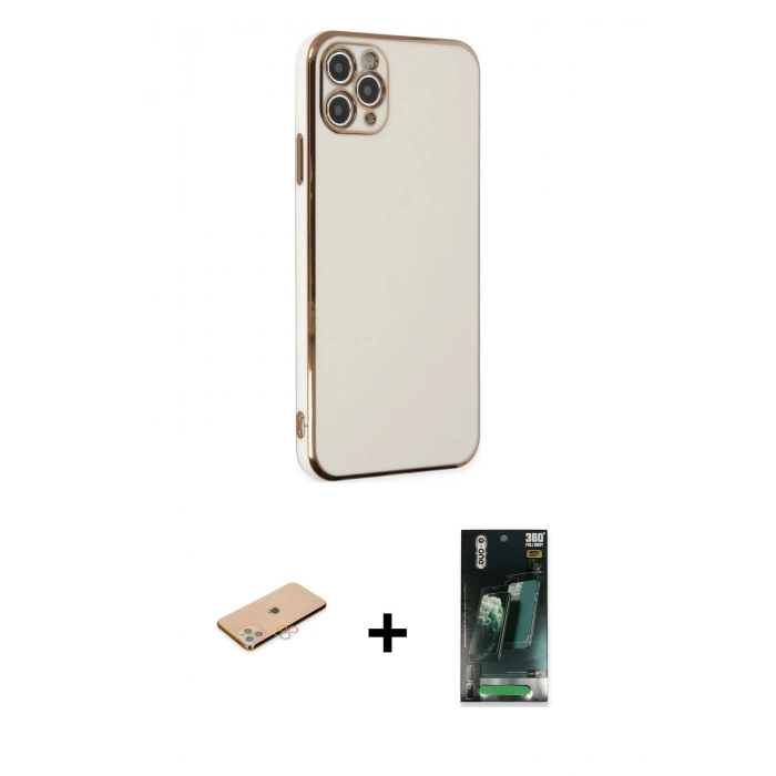 MARSİLYAN™- iPhone 11 Pro Max Kılıf Yankı Serisi - Şeffaf 360 Full Body Arka Koruyucu + Pembe Renkli Kamera Lens Koruma Cam