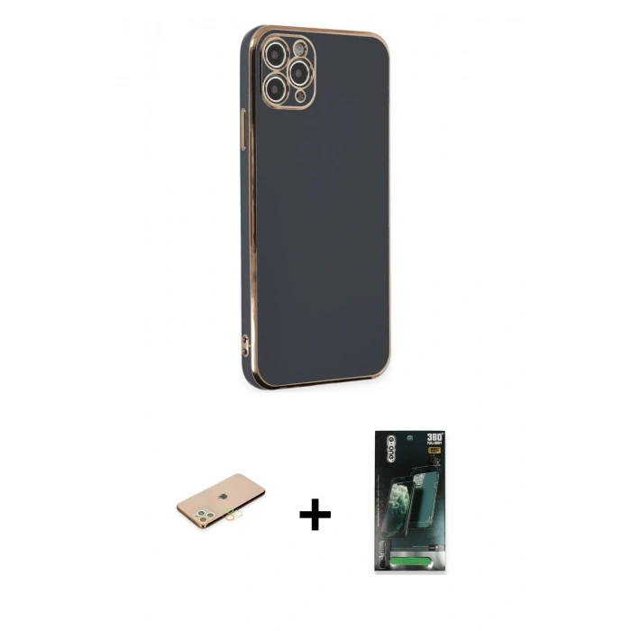 MARSİLYAN™- iPhone 11 Pro Max Kılıf Yankı Serisi - Şeffaf 360 Full Body Arka Koruyucu + Renkli Kamera Lens Koruma Cam - SI