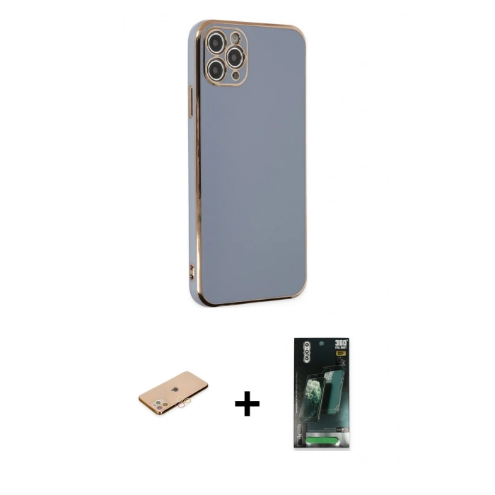 MARSİLYAN™- iPhone 11 Pro Max Kılıf Yankı Serisi - Şeffaf 360 Full Body Arka Koruyucu + Renkli Kamera Lens Koruma Cam - TU