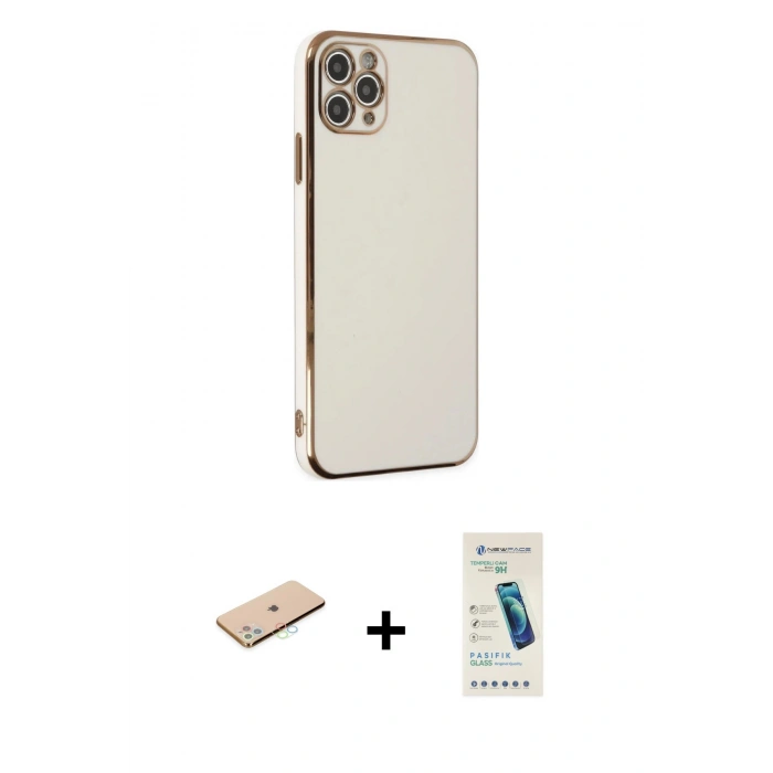 MARSİLYAN™- iPhone 11 Pro Max Kılıf Yankı Serisi - Şeffaf Pasifik Cam Ekran Koruyucu + Renkli Kamera Lens Koruma Cam - MI