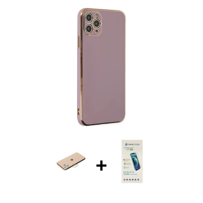 MARSİLYAN™- iPhone 11 Pro Max Kılıf Yankı Serisi - Şeffaf Pasifik Cam Ekran Koruyucu + Renkli Kamera Lens Koruma Cam - MI