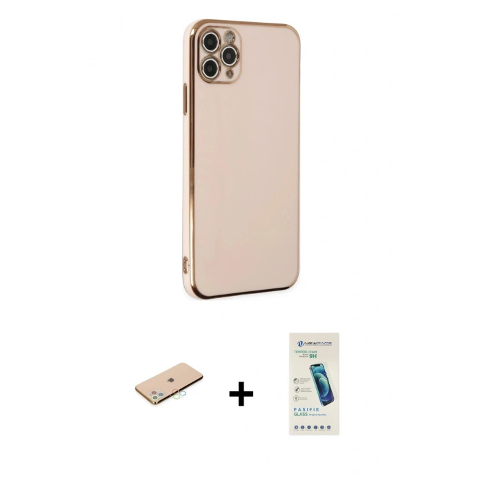 MARSİLYAN™- iPhone 11 Pro Max Kılıf Yankı Serisi - Şeffaf Pasifik Cam Ekran Koruyucu + Renkli Kamera Lens Koruma Cam - MI
