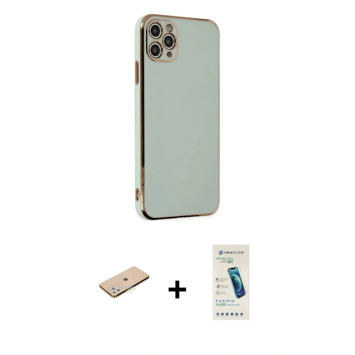 MARSİLYAN™- iPhone 11 Pro Max Kılıf Yankı Serisi - Şeffaf Pasifik Cam Ekran Koruyucu + Renkli Kamera Lens Koruma Cam - YL