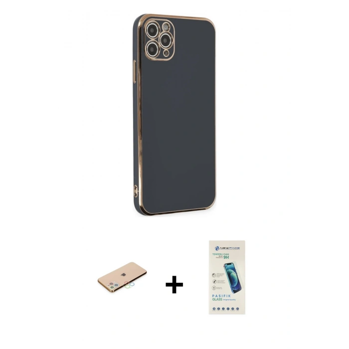 MARSİLYAN™- iPhone 11 Pro Max Kılıf Yankı Serisi - Şeffaf Pasifik Cam Ekran Koruyucu + Renkli Kamera Lens Koruma Cam - MI