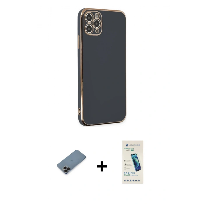 MARSİLYAN™- iPhone 11 Pro Max Kılıf Yankı Serisi - Şeffaf Pasifik Cam Ekran Koruyucu + Metal Kamera Lens Koruma Cam - SH